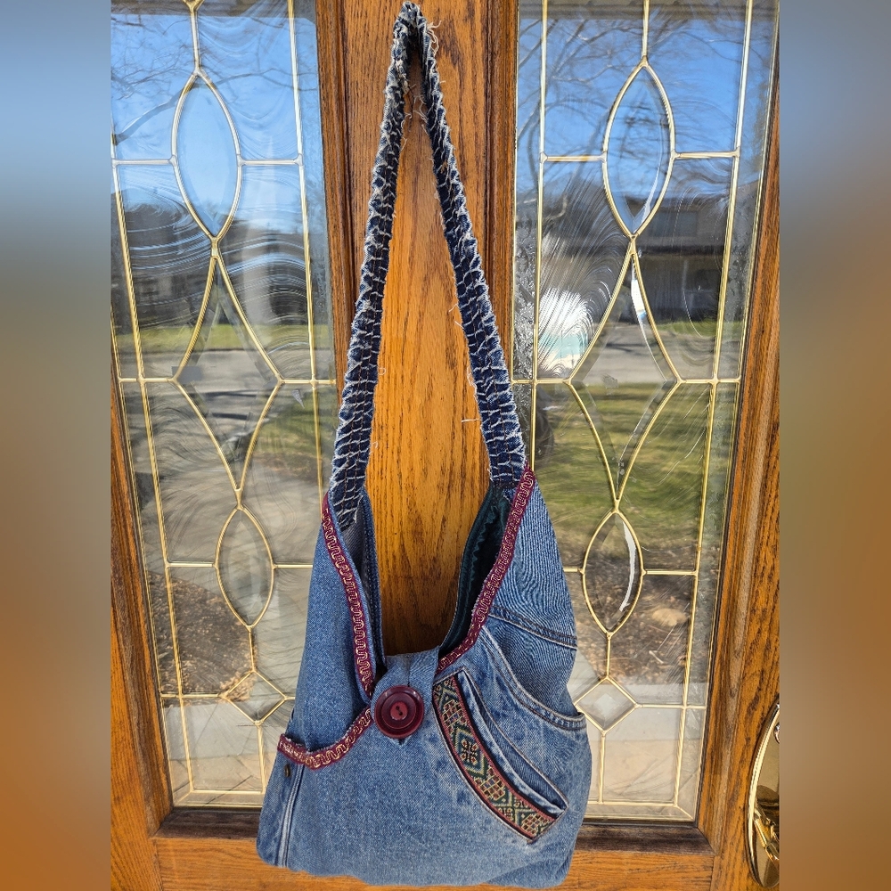 Denim Hobo Bag with Embroidered Trim - Blue - Picture 13 of 14